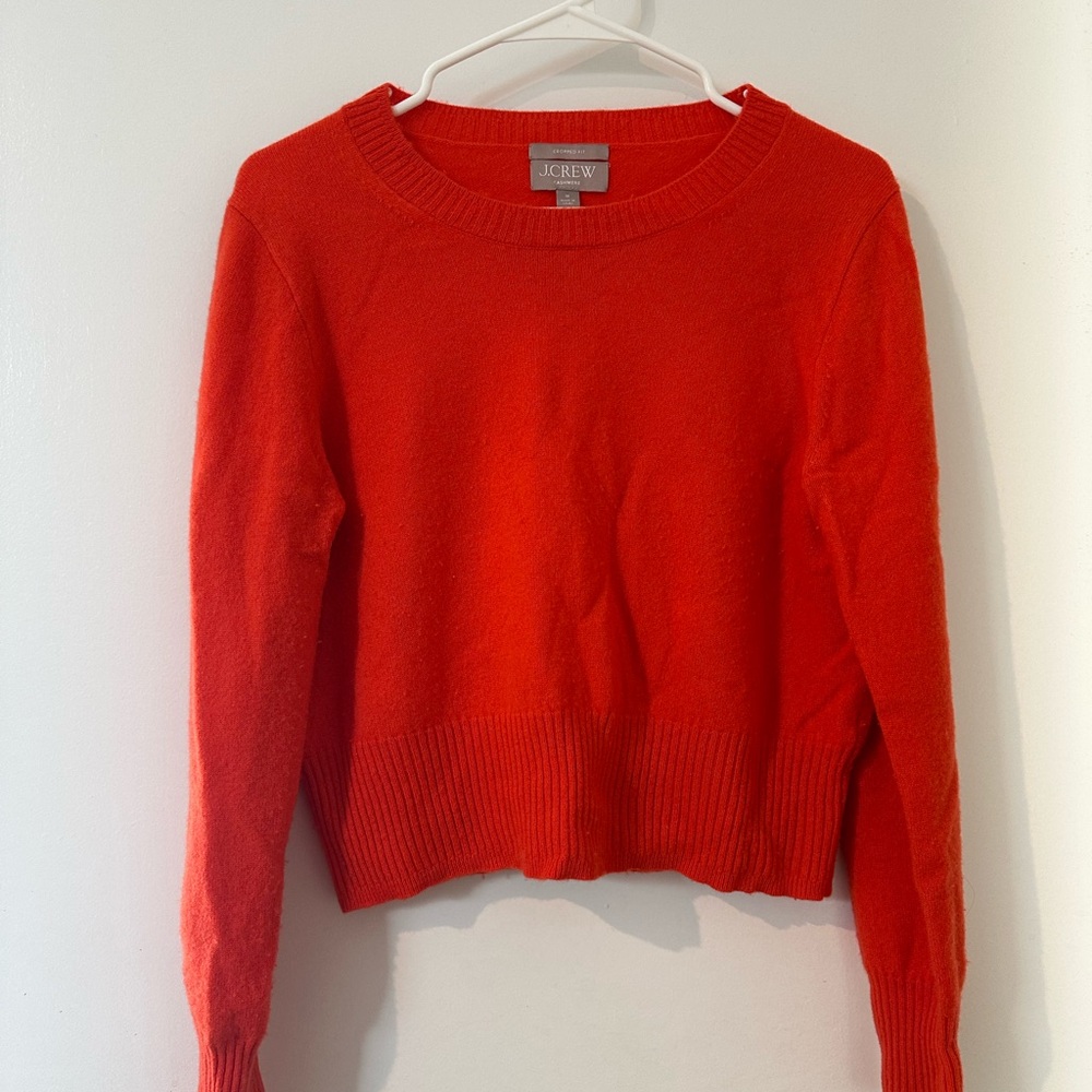 J. Crew Tomato Red Crewneck Cashmere Cropped Sweater